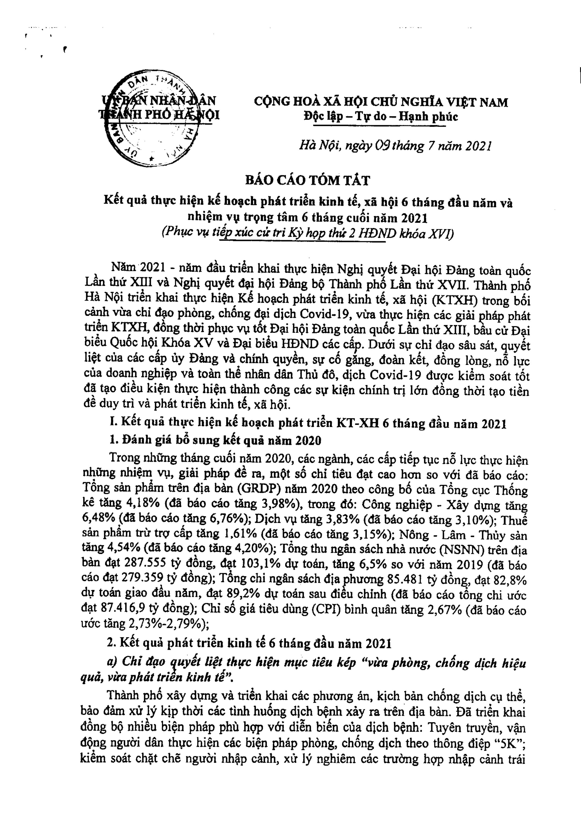 Báo cáo tóm tắt kết quả thực hiện kế hoạch phát triển kinh tế, xã hội 6 tháng đầu năm và nhiệm vụ trọng tâm 6 tháng cuối năm 2021